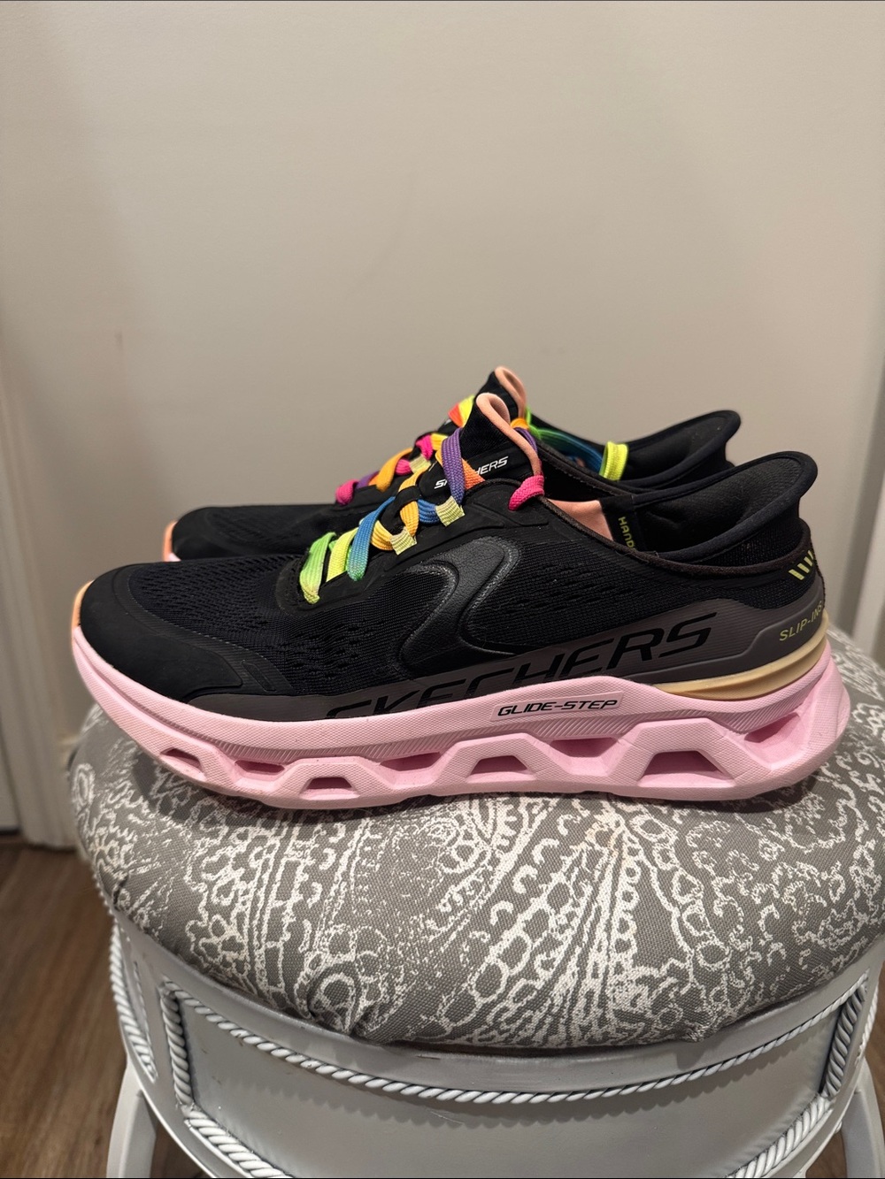 Skechers Women’s Black Athletic Sneakers with Pink Midsole and Rainbow Laces